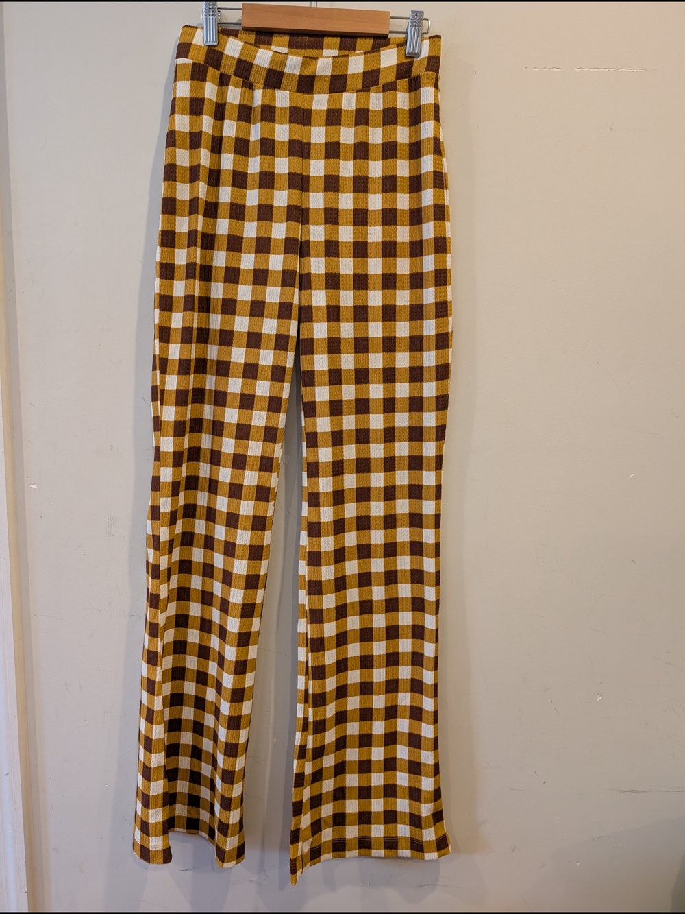 Fire & Glory Pull On Pants Gingham Striped Knit Pants Yellow Brown 70s Lounge